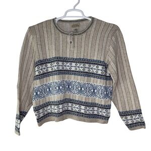 Vintage St Johns Bay Sweater Women's Large Fair Isle Knit Henley Cream‎ Blue Ski